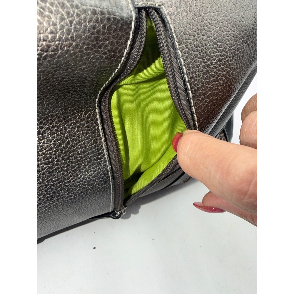 Sharif Studio Metallic Pewter Leather Shoulder Bag Black Trim Lime Green Lining - Picture 6 of 10